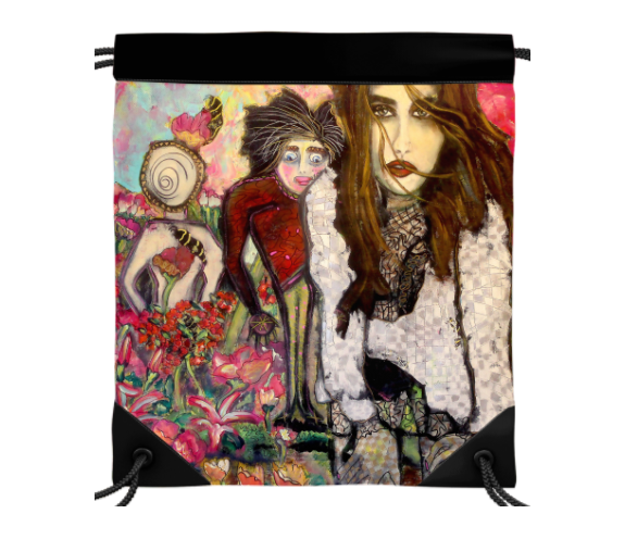 Drawstring bag featuring art, Welcome to My World, by Penelope Przekop.