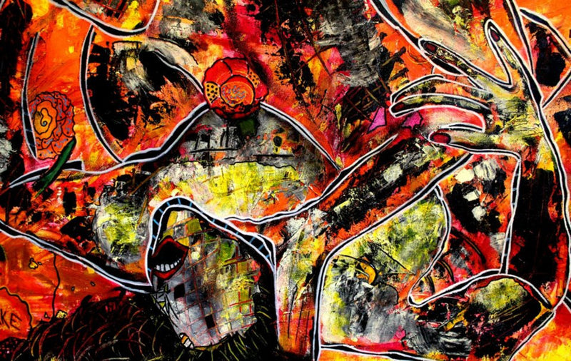 Detail of a textured acrylic painting of a couple engrossed in a passionate moment. 