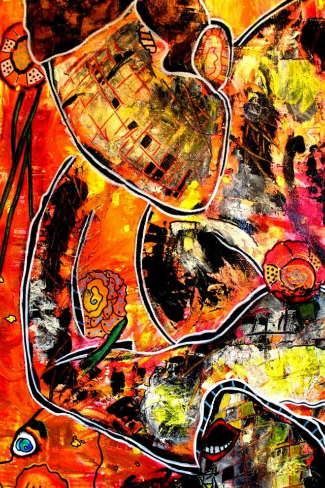 Close detail of a textured acrylic painting of a couple engrossed in a passionate moment. 